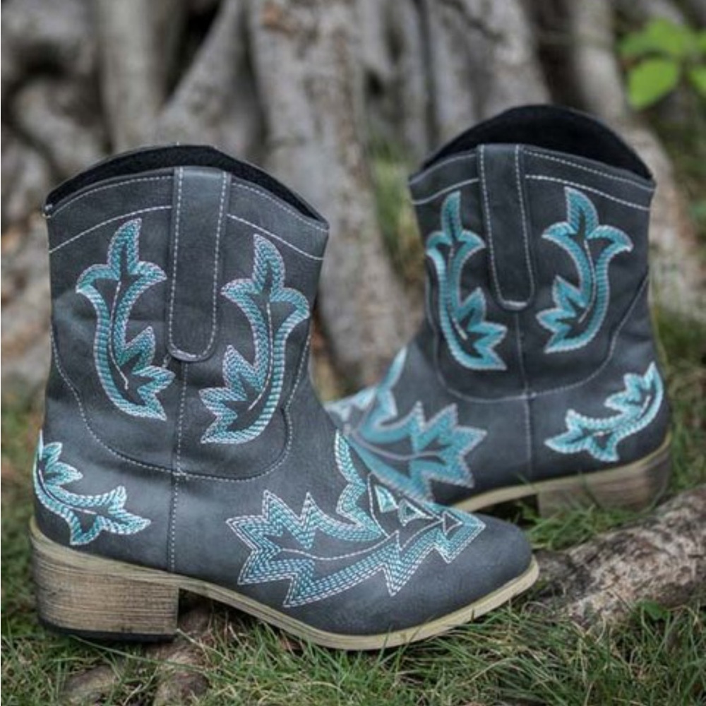 Women's Gray Western Ankle Boots with Teal Stitching